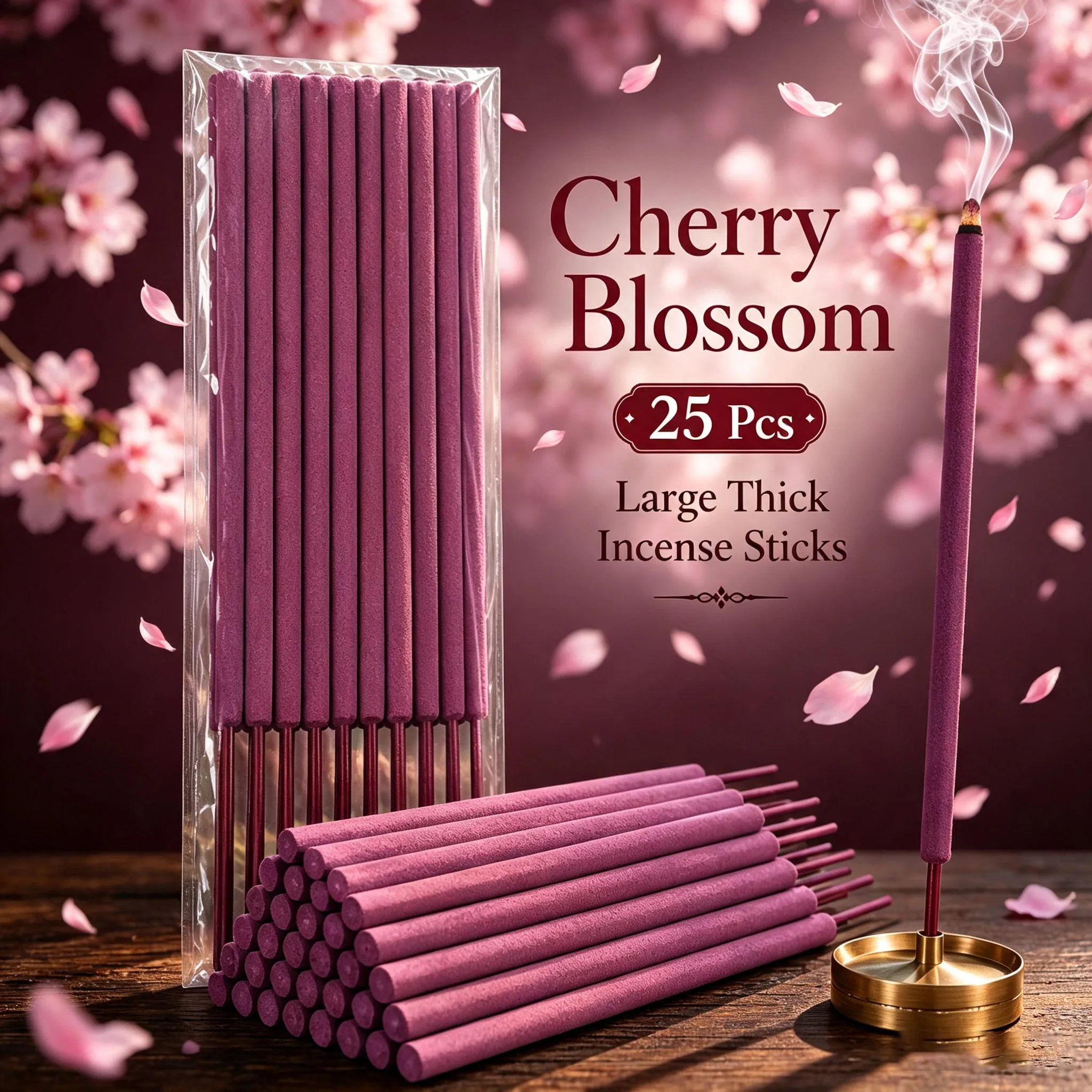 Sakura Scented Giant Incense Sticks, 25 Large 27cm Incense Sticks, Slow-Burning Incense Sticks, Suitable for Home, Garden, Porch, Backyard, Living Room, Meditation Room, and Creating a Relaxing Indoor and Outdoor Atmos