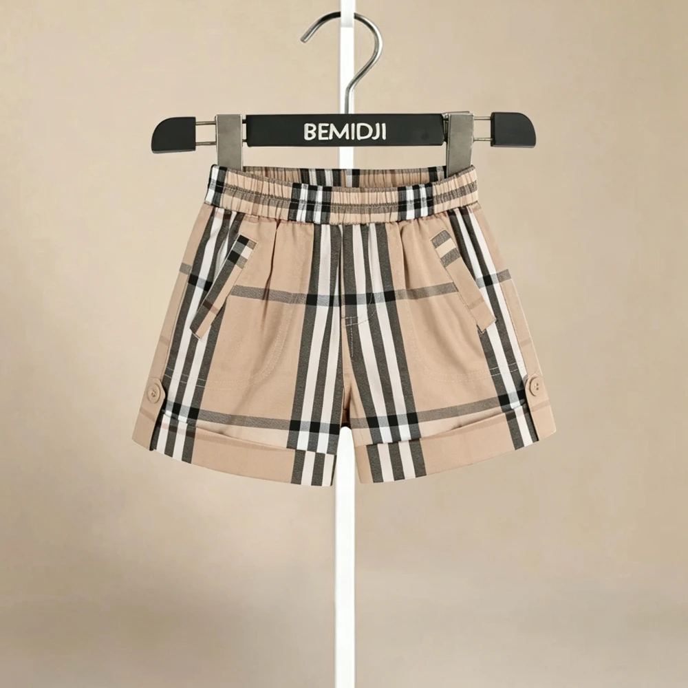 2026 Summer Boys Short-Sleeved Shorts Set with Striped Plaid Breathable Lightweight Casual Fashionable Outdoor Men's Clothing