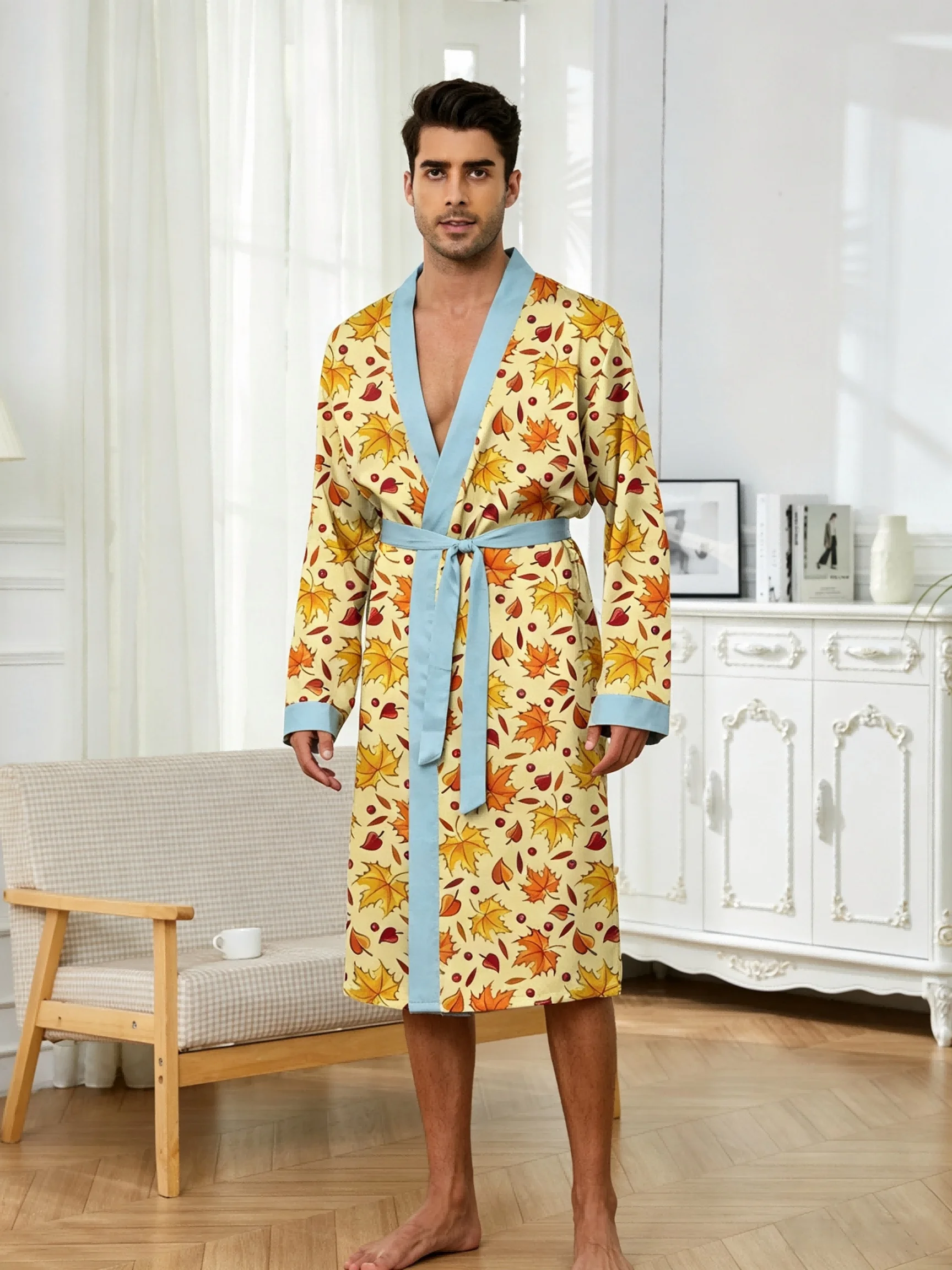 Men's lightweight quick-drying pajama bathrobe - 3D digital printing, non-fading design, stand-up collar and adjustable waistban