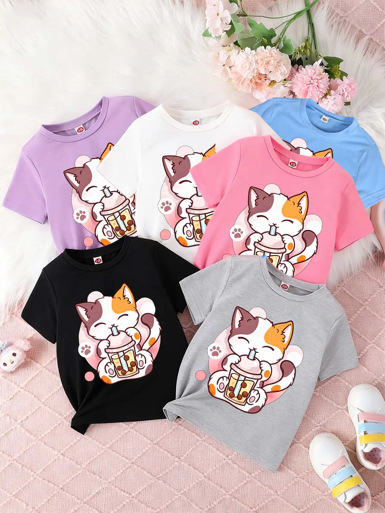 

Children's short-sleeved T-shirts for boys and girls, loose and breathable,cute cat,boba tea cat,kawaii cat,cat drinking boba