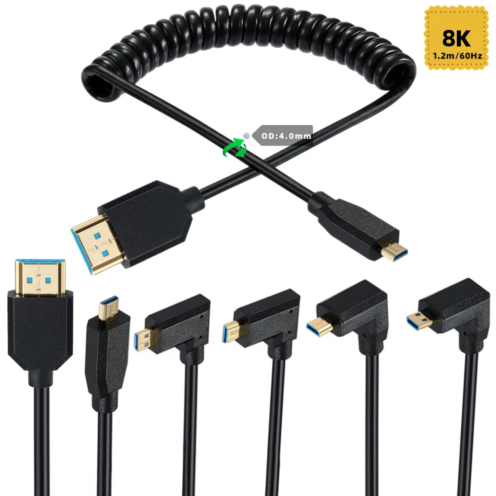 Micro&miniHDMI coiled Cable 8K Super Flexible Slim HDMI-compatible Cord 48Gbps High Speed 3D 8K60 4K120 144Hz left/right/up/down