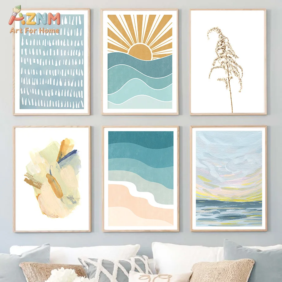 AZNM Boho Coastal Canvas Print Abstract Ocean Wave Sun Dried Grass Pastel Sea Landscape Inspirational Quote Minimalist Beach Wal