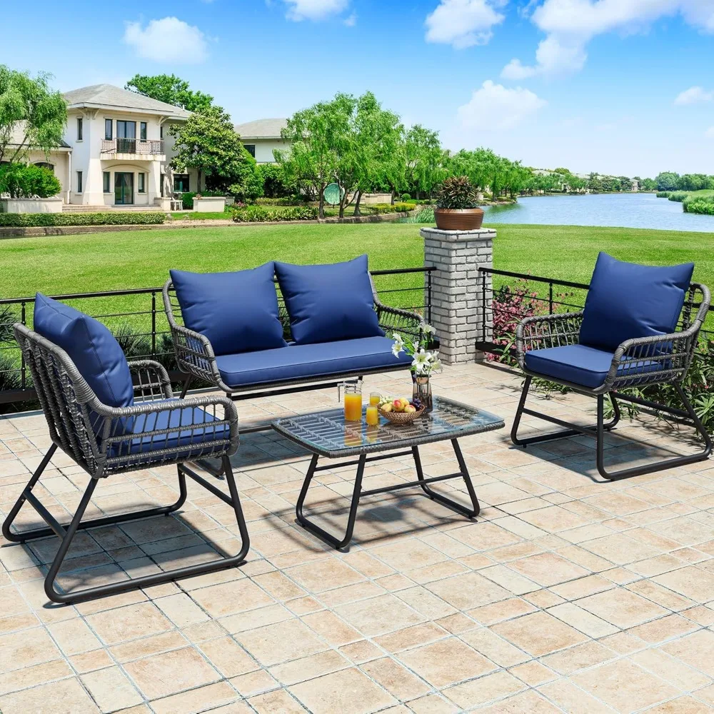 

4-Piece Patio Furniture Set, Wicker Outdoor Bistro Set, All Weather Rattan Patio Conversation Set with Soft Cushions and Glass