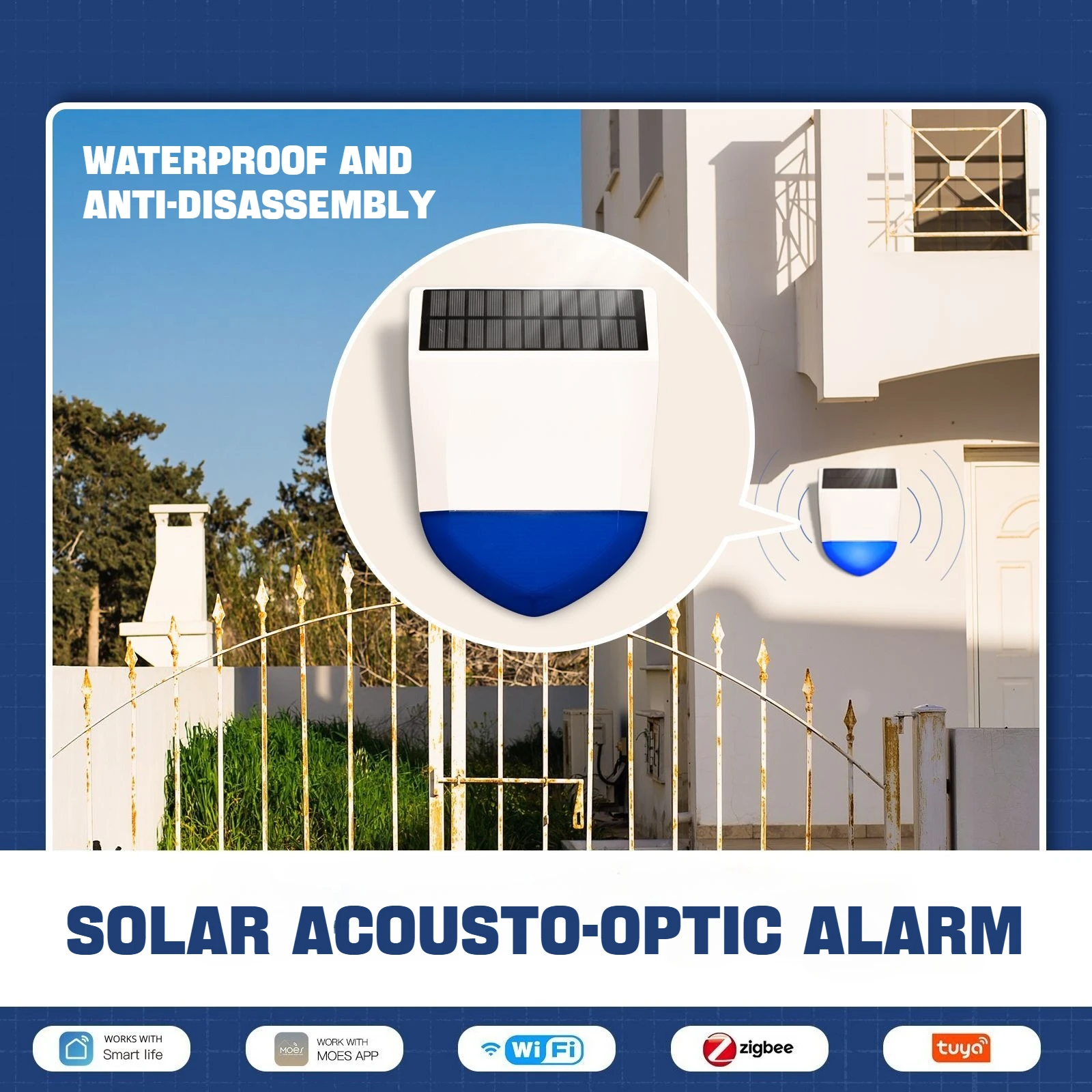 Solar Wireless Siren Alarm IP65 Waterproof 433MHz Dual-Band For Indoor/Outdoor Security Light & Sound Alert Home Automation