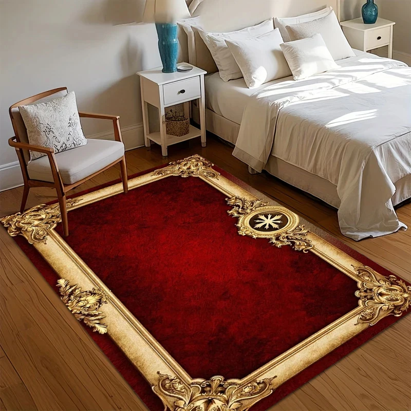 VIKAMA Red Gold Carpet, Non-Slip Frame Rug for Living Room, Luxury Home Decor