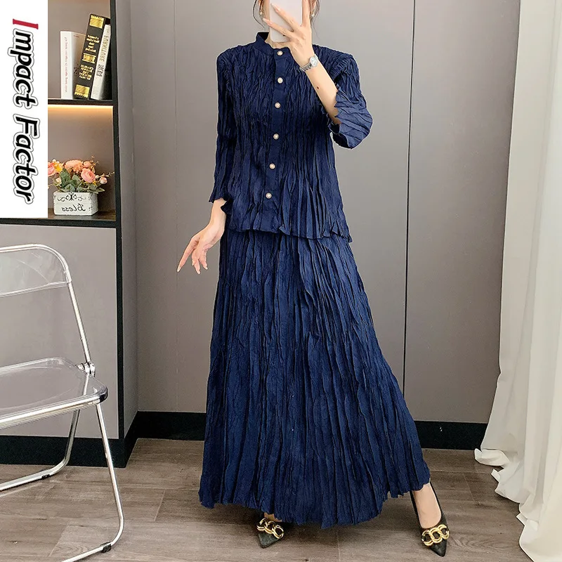 

Плиссированный комплект Miyake, лето 2025, новое женственное элегантное облегающее платье с круглым вырезом для тяжелой промышленности, комплект из двух предметов