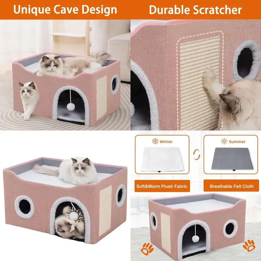 

Pink Foldable Cat Cave Bed with Scratch Pad and Fluffy Ball, Reversible Cushion for Small Pets Indoor Hideaway