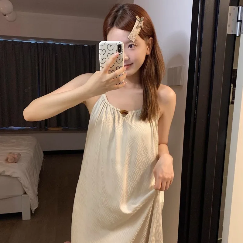 High-End Chinese-Style Ice Silk Camisole Nightdress for Women with Built-In Bra Pad, Summer Sleepwear Dress, Summer Loungewear