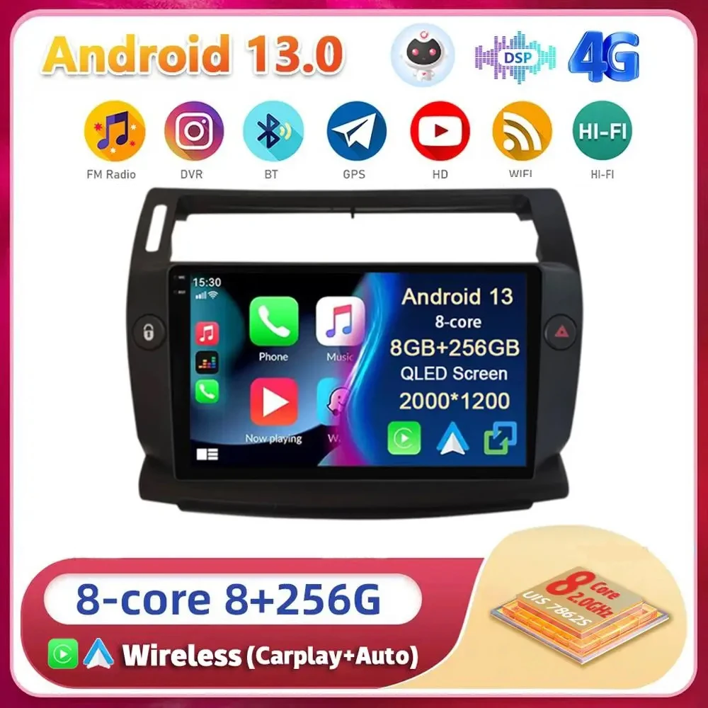 

Android 13 Carplay Auto For Citroen C4 C-Triomphe C-Quatre 2004 - 2007 2008 2009 Multimedia Car Radio Player WiFi+4G DSP Stereo