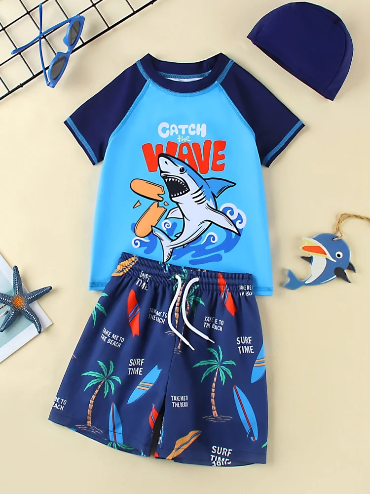 Boy Kids Swimsuit 2026 New Cartoon Shark Short Sleeve Children Swimwear Summer Three Piece Beach Shorts Bathing Suit Swimming