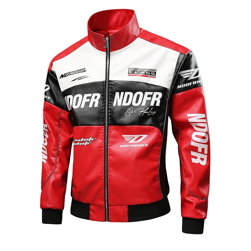 

New Men's Printed PU Leather Jaet Motorcycle Sle Loose Fit Windproof Zipper Closure Straight Hemline Faionable Outerwear