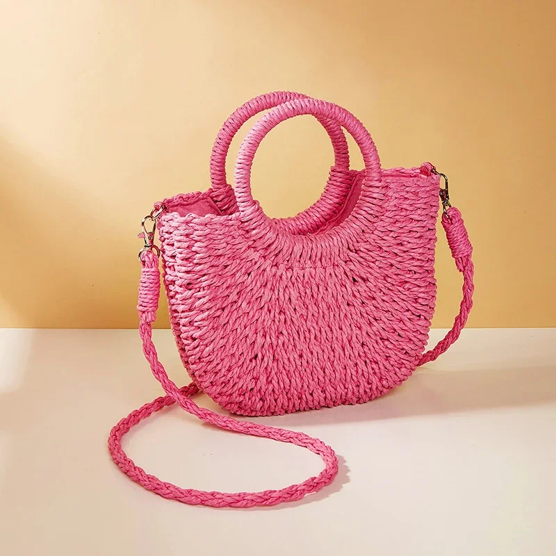 Summer New Simple Handheld Straw Woven Bag Women\'s Personalized Solid Color Half Round Shoulder Crossbody Travel Vacation Bag