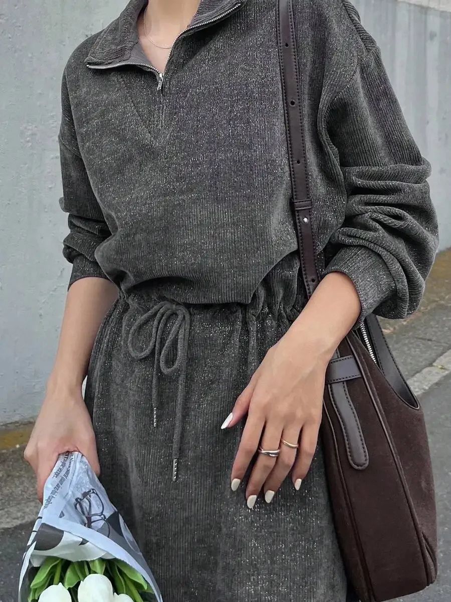 

Dark Gray Shiny Corduroy Turn-Down Collar Long Sleeve Zipper Cinched Waist Casual Dress Autumn