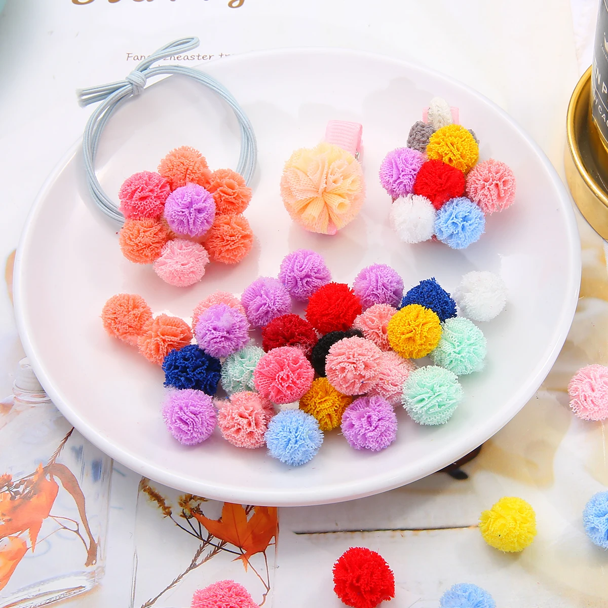 30Pcs 15mm Polyester Lace Ball DIY Gauze Elastic Flower Pompoms Craft Plush Mesh Pendant For Hairpins Jewelry Garment Making