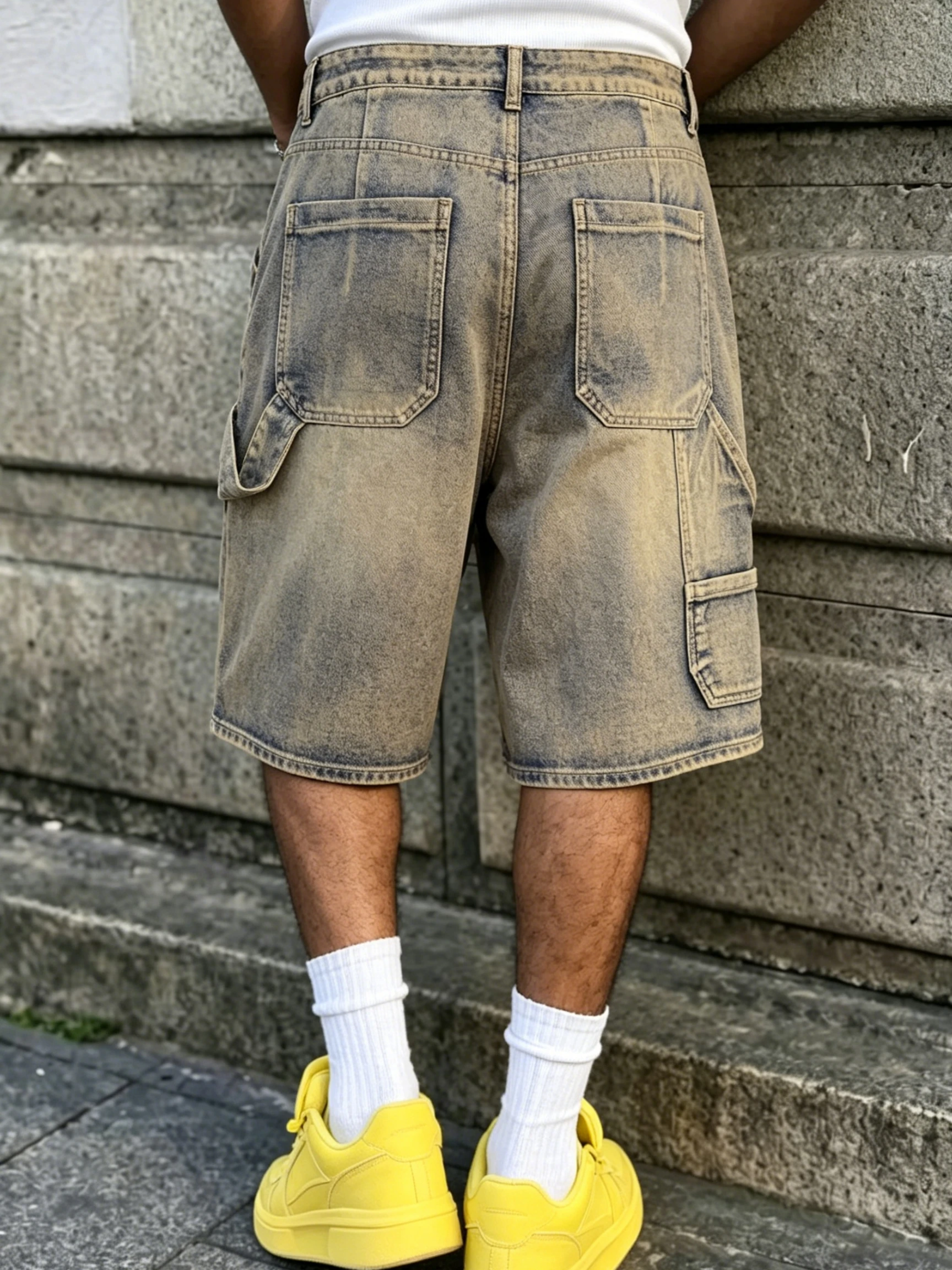 Men Vintage Mud Wash Cargo Denim Shorts Multi Pockets Loose Knee Length Workwear Jeans Shorts Streetwear 70% Cotton XS-XXXL