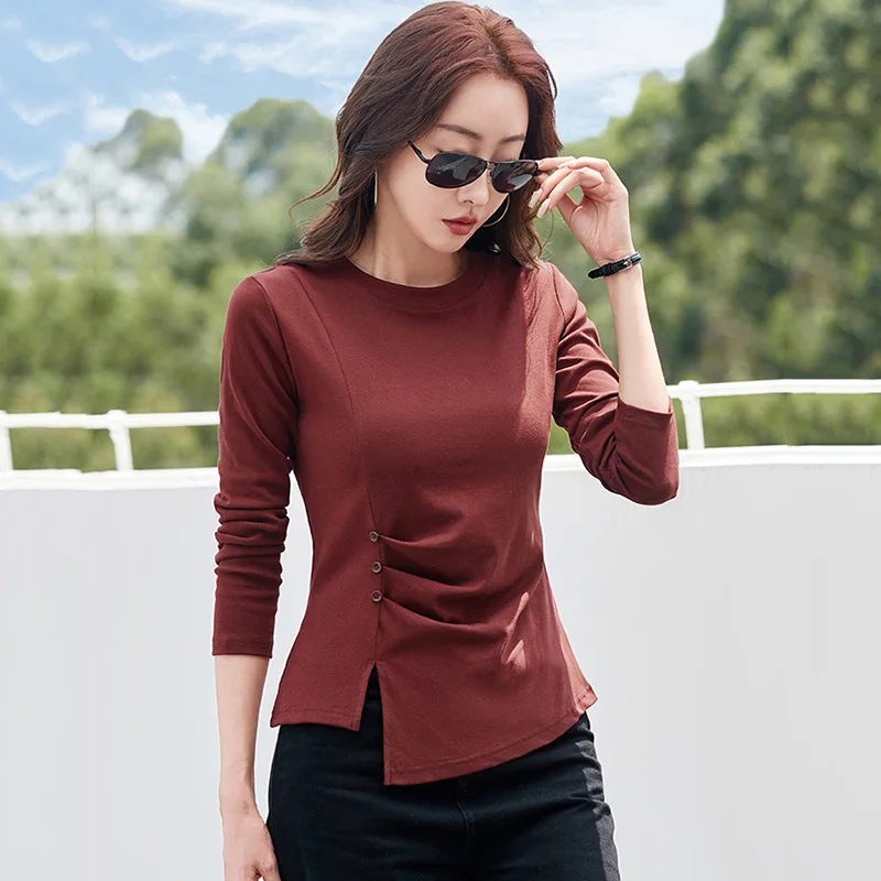 

New Women Irregular Folds T-shirt Spring Autumn Fashion O-Neck Long Sleeve Slim Waist Asymmetric Tees Casual Daily T-shirt