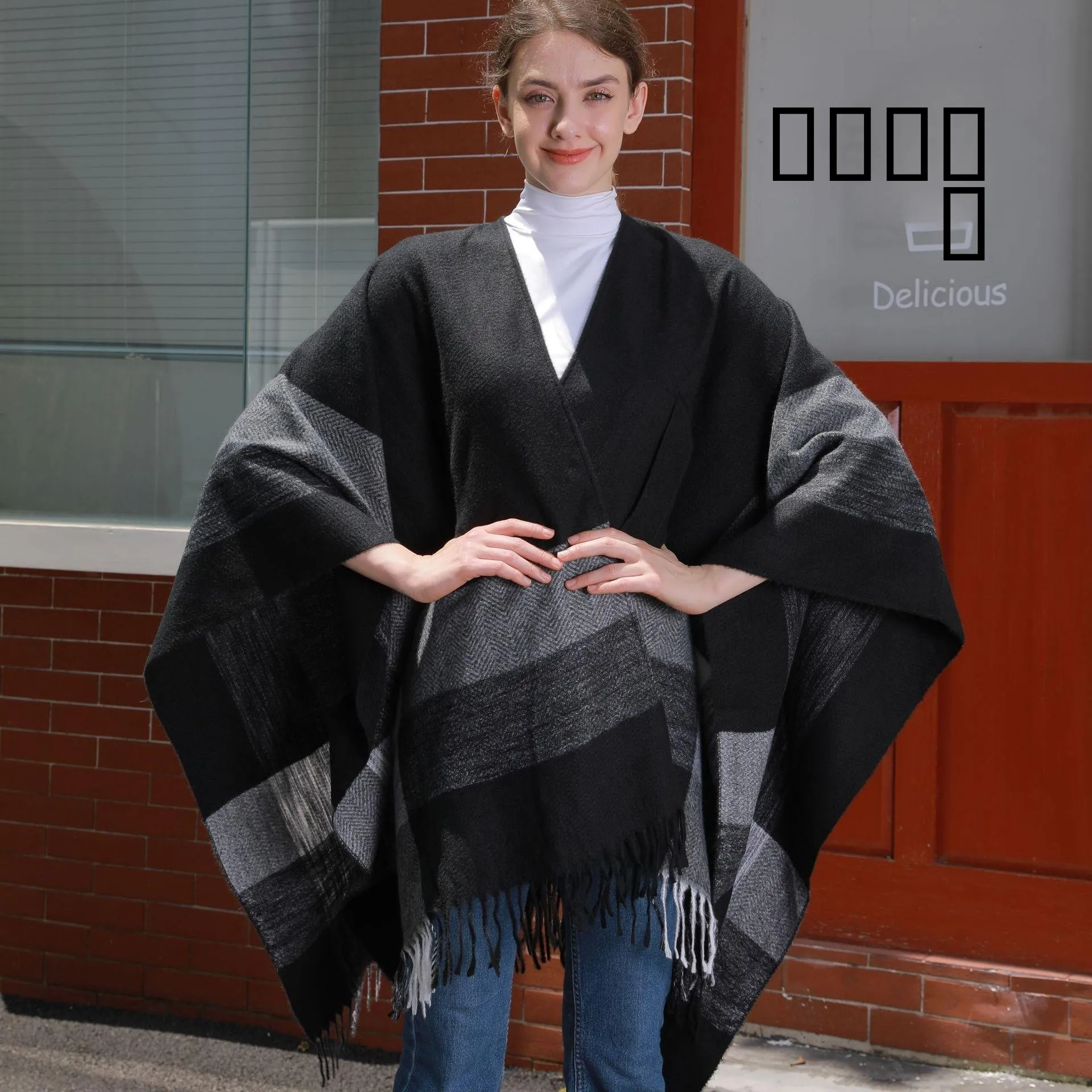 

New Striped Tie oulder Wrap Coat Women's Tassel Warm Long Sve Outerwear Autumn Season China Origin