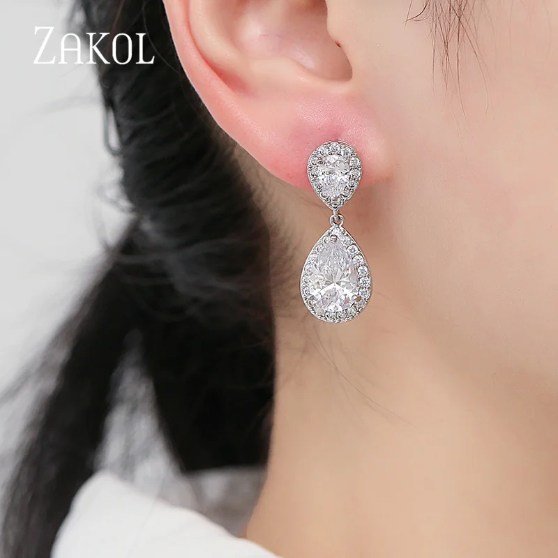 ZAKOL Trendy White And Gold Color Teadrop Crystal Dangle Earrings for Women Water Drop Shape Female Bride Wedding Wholesale