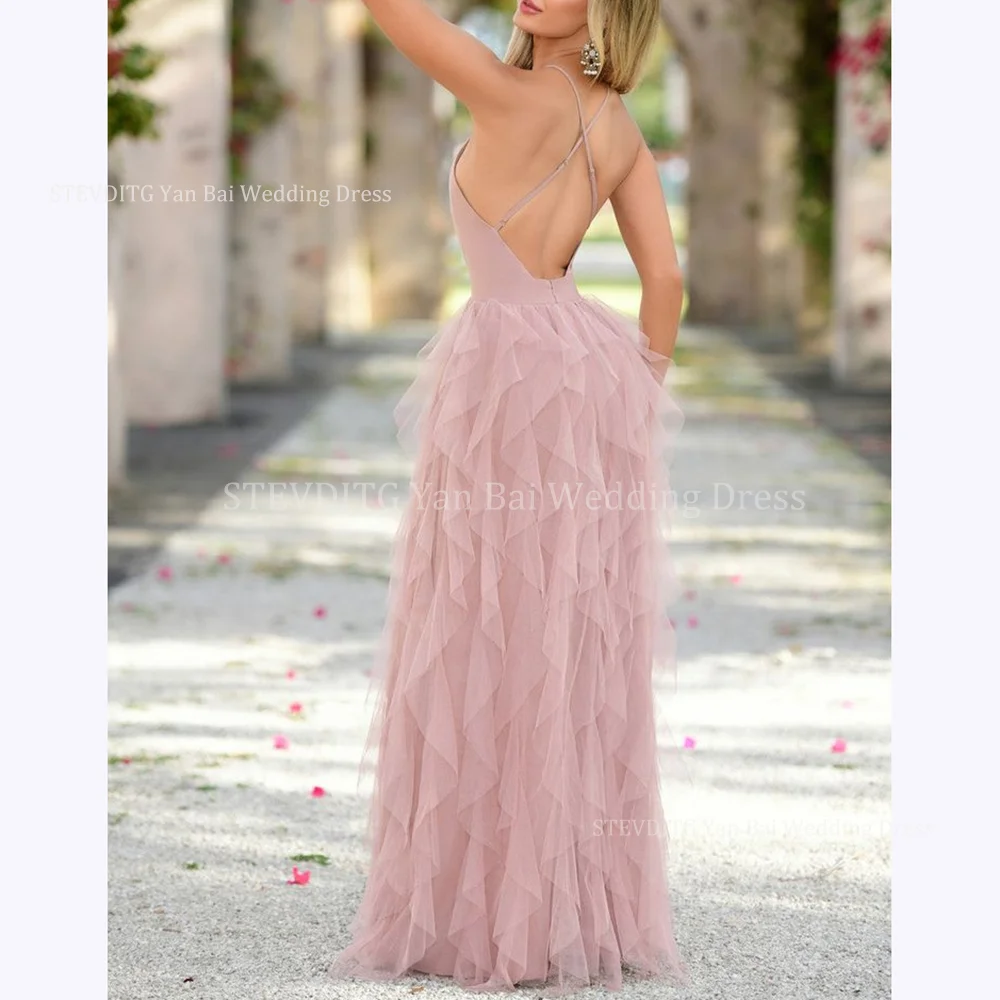 여성을위한 섹시한 깊은 v 넥 댄스 파티 드레스 민소매 백리스 계층 바닥 길이 a 라인 드레스 공식 행사 칵테일 파티 가운