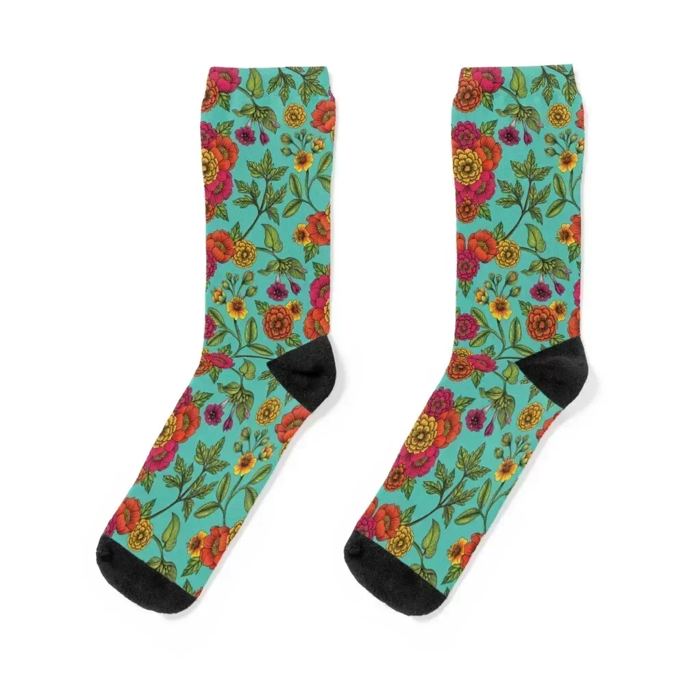 

Vibrant Boho Flowers - Turquoise, Magenta, Orange & Yellow Floral Pattern Socks football warm winter Crossfit Socks Ladies Men's