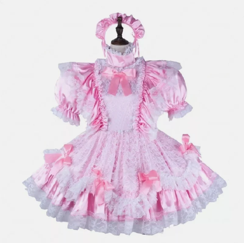 French Maid Girl Sissy Abschließbares rosa Satinkleid Cosplay-Kostüme Maßgeschneidert
