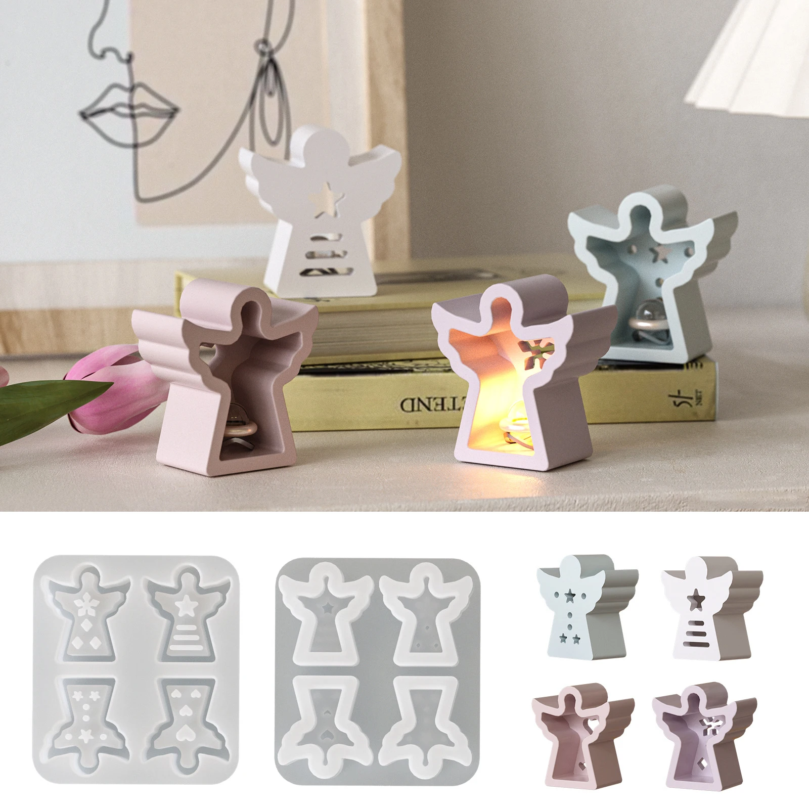 4パターンエンジェルシリコンモールドDIY中空スノーフレークスターハートハンギングエンジェルオーナメント石膏モールドUVレジンモールド ﻿