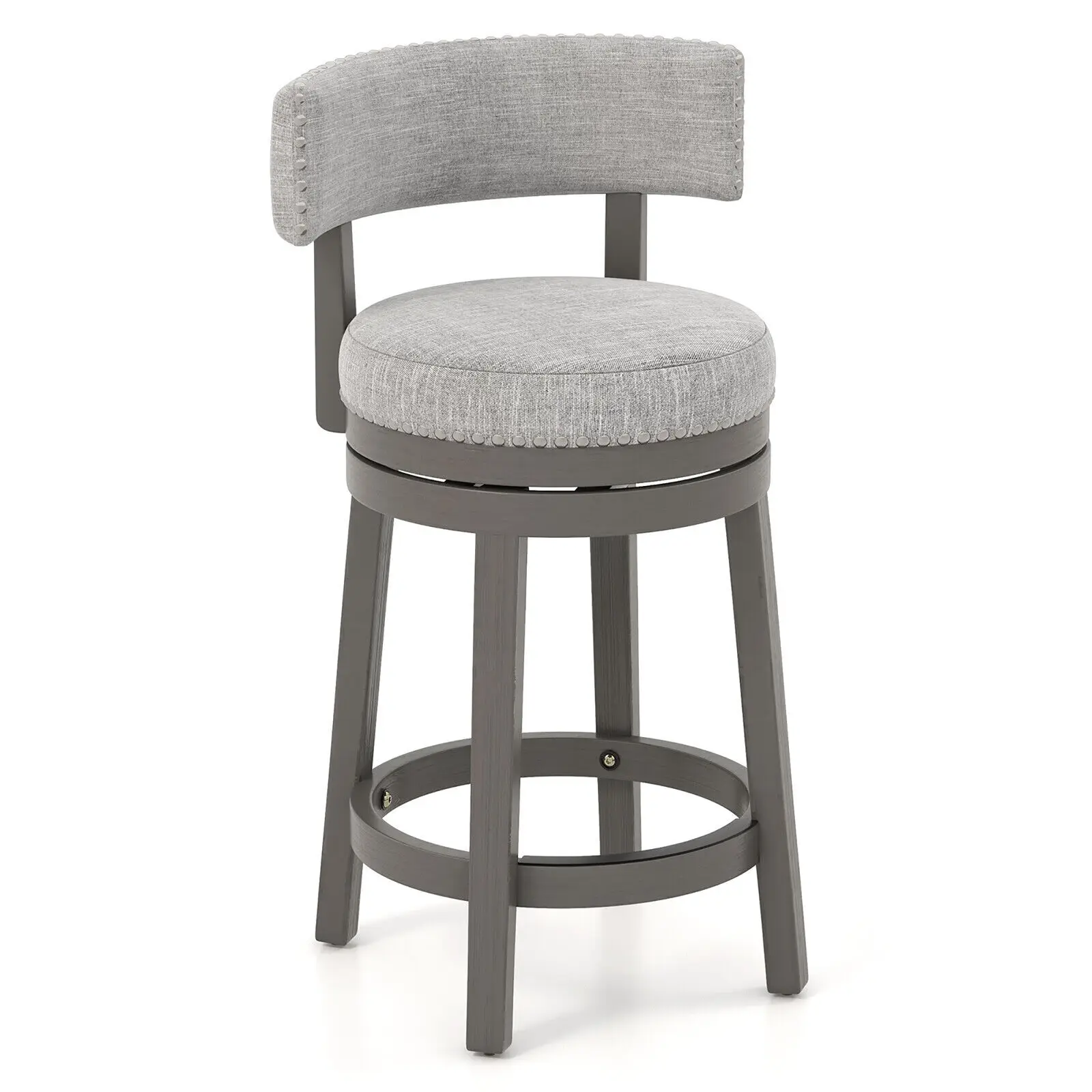 

Upholstered Swivel Bar Stool Wooden Counter Height Kitchen Chair w/ Back Grey