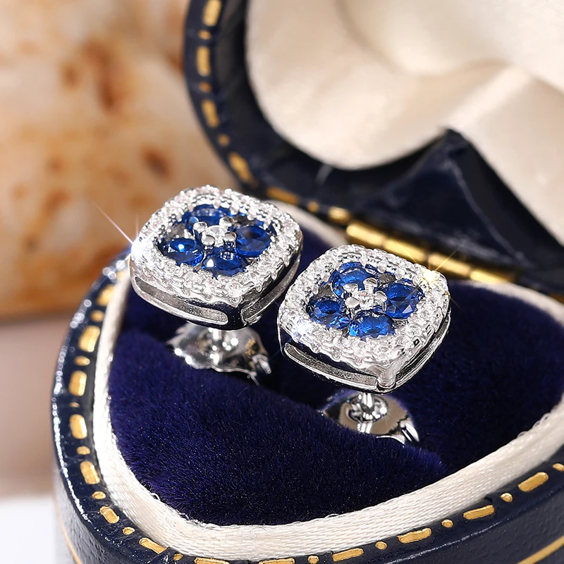 Women's Chic Square Stud Earrings with Blue/White Cubic Zirconia