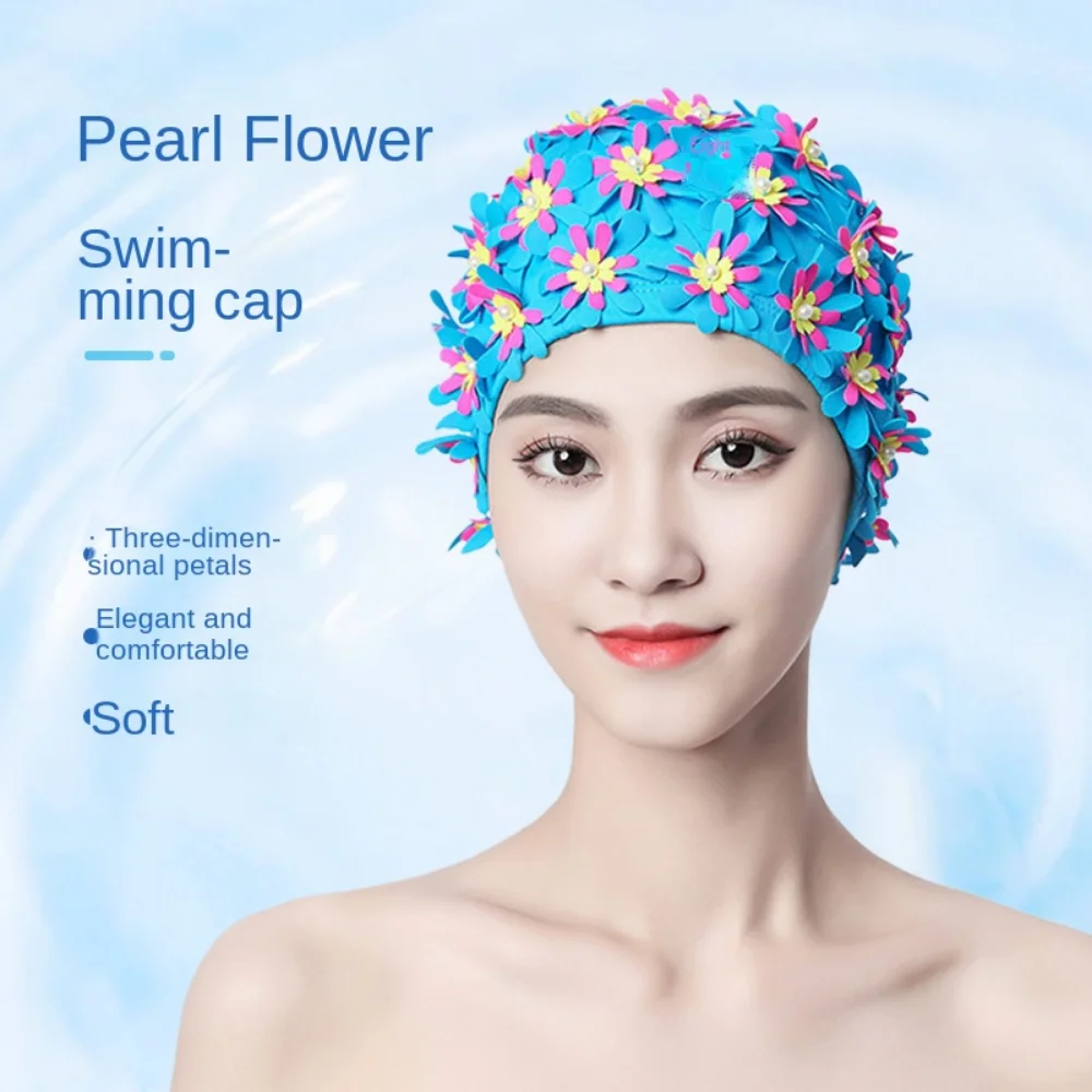 

Pearl Floral Petal Swim Cap Flower Vintage Style Swimming Hat Breathable Long Hair Flower Swimming Cap Water Sports