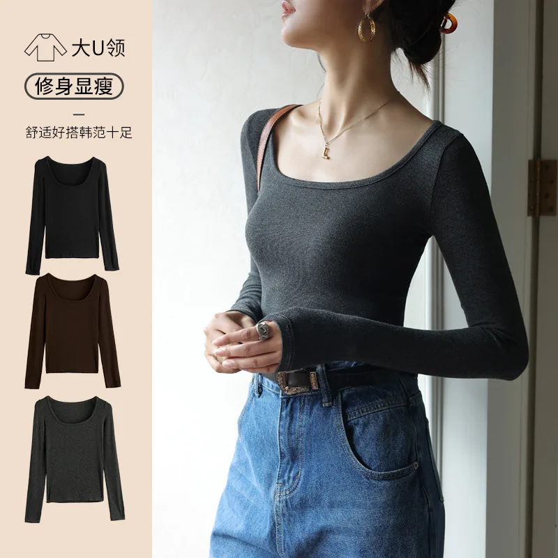 

T-shirt 2025 Autumn Bottoming Shirt Low Collar Women's Spring and Autumn Top Long Sleeve Inner Slim Fit