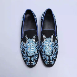 Luxury Wedding Shoes Handmade Embroidered Shoes Man Round Toe Flats Loafer Shoes Mail Slip On Shoes Men