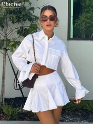 Clacive Fashion Loose White 2 Piece Set Women Outfit 2025 Elegant Long Sleeve Crop Shirt With High Waist Pleated Mini Skirt Set