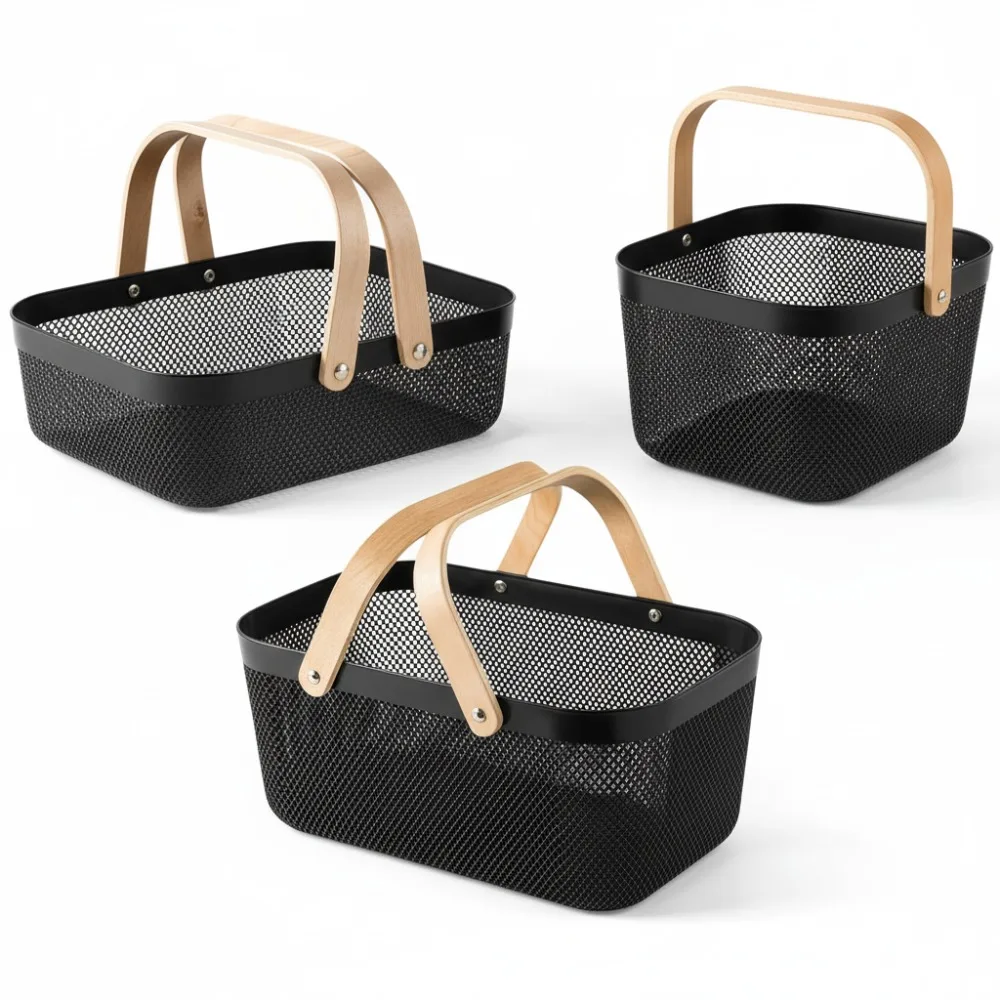 

3pcs Foldable Plastic Harvest Baskets with Wooden Handles for Vegetable Fruit Picking Garden Storage Organizer