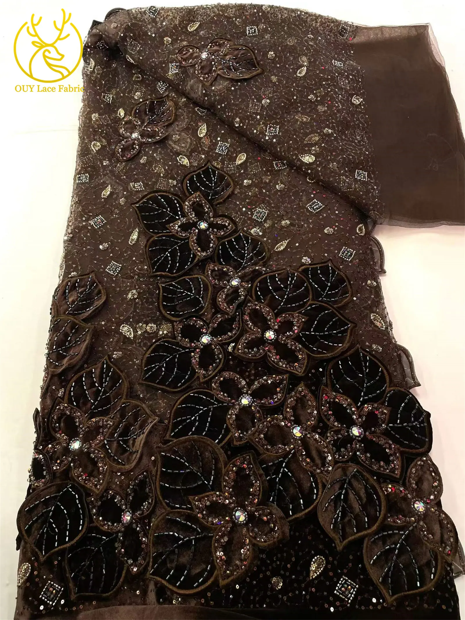 Weinroter Luxus Afrikanischer Samt DIY Handgemachte Stickerei Blatt-Pailletten Spitzenstoff 2026 Französischer Bräutigam Perlen-Spitzenstoff Kleid – Detail 7