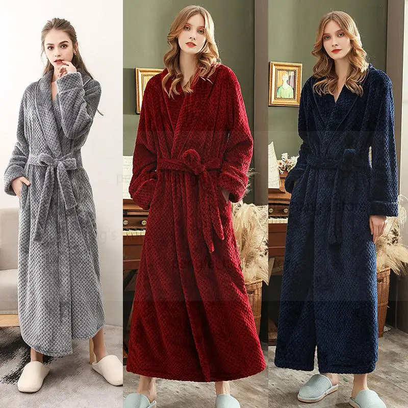 

Women Extra Long Flannel Bathrobe Winter Warm Plus Size Bath Robe Couple Sleepwear Thermal Jacquard Peignoire Pour Femme Hiver