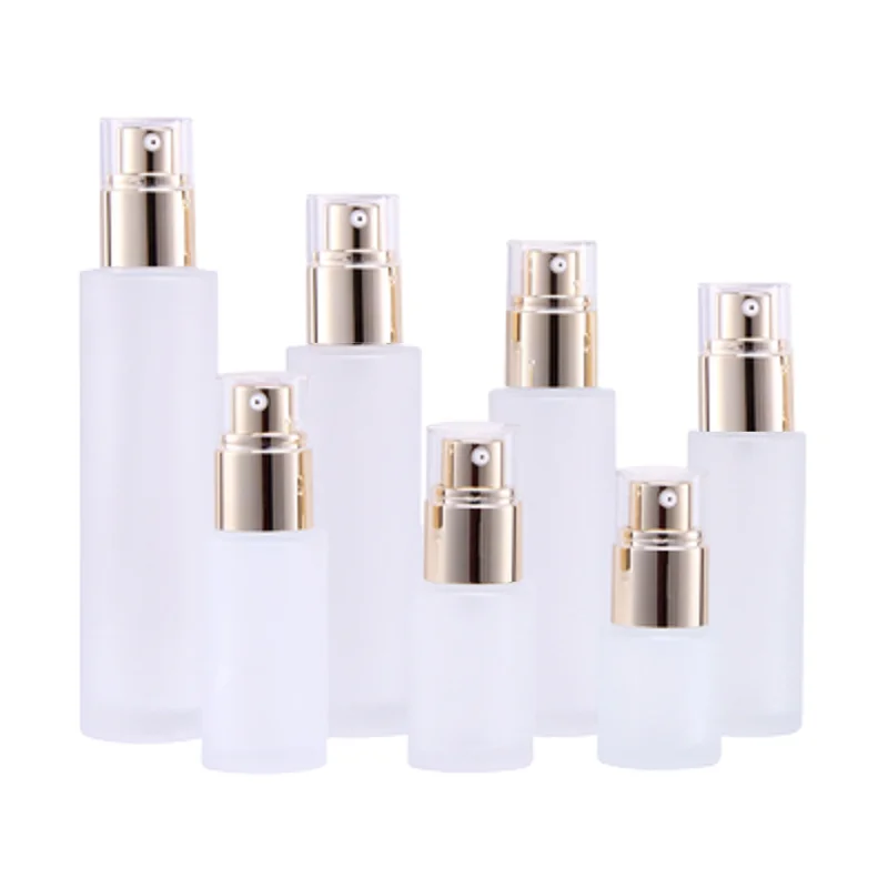 

10Pcs Frosted Glass Empty Bottle Gold Lotion Pump Containers Clear Cover 20ML30ML40ML60ML80ML100ML120ML Essence Emulsion Vials