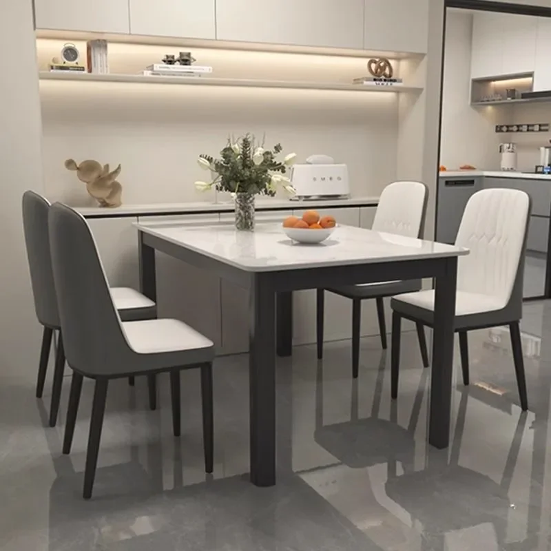Modern Minimalist Rectangular Dining Table Set with Chairs Light Luxury Rock Slab Design Thickened Solid Wood Small Apartment