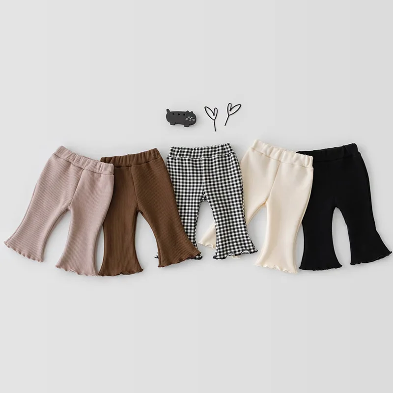 Korean Spring New Children's Clothing Girls Plaid Flared Pants Medium Children's Foreign Style Casual Pants Baby Cotton Trousers