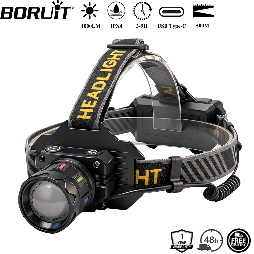 BORUiT 500M Long Throw Motion Sensor LED Headlamp Zoom 1000LM Type-C Rechargeable Headlight Waterproof Camping Head Torch