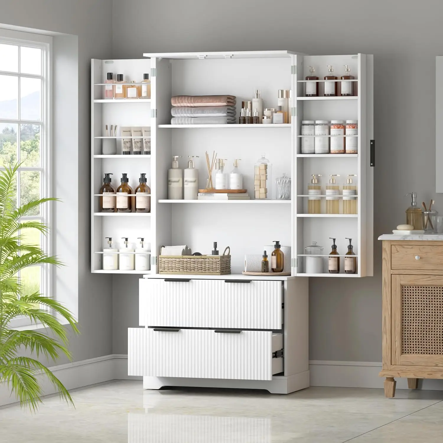 高さ72インチのキッチンパントリーキャビネット、納屋ドア2枚と引き出し2個、調節可能な棚付きの溝付きバスルーム収納キャビネット、