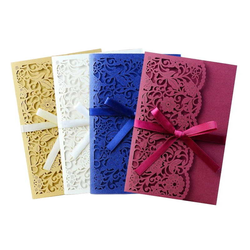 5Pcs Laser Cut Wedding Invitation Card Lace Flower Customize Greeting Cards With RSVP Card Ribbon Bridal Shower Party Decoration