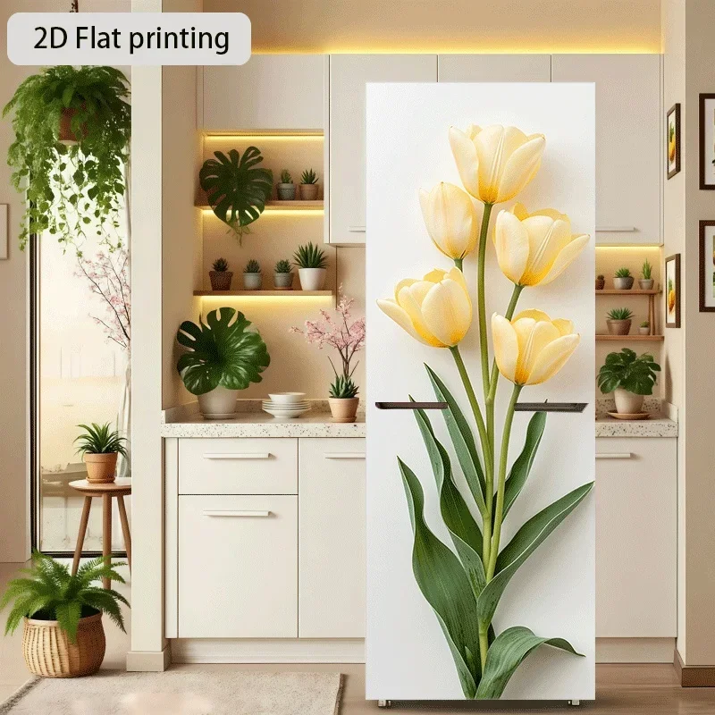 [2D Flat Printing] 1pc Refrigerator Sticker 60×180 Cm Yellow Tulip Five Flowers Theme Design Wall Sticker Decoration Wallpaper