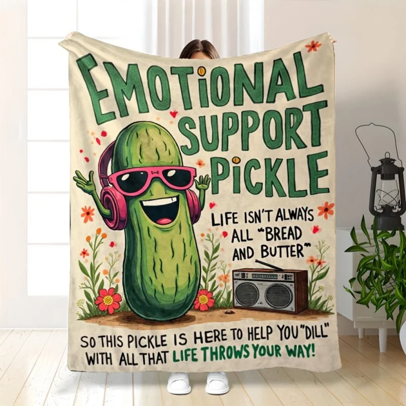 Funny Emotional Support Pickle Printed Throw Blanket,Cartoon Cucumber Text Pattern Soft Couch Bed Cover,Novelty Home Blanket