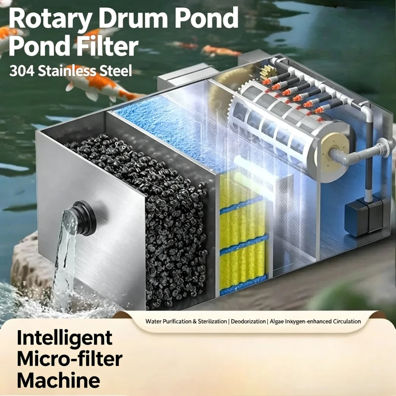 Rotary Drum Micro‑Filter Stainless Steel Pond Filtration System Auto Backwash Water Circulation Device For Fish Waste Separation