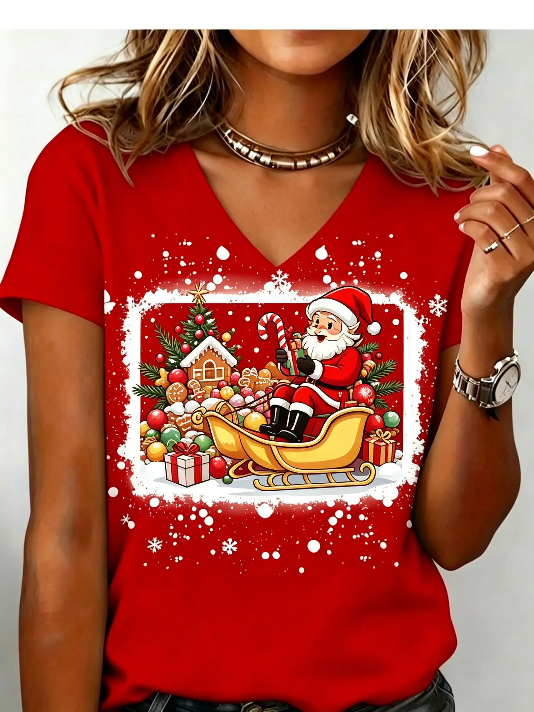 Women V‑Neck Short Sleeve T‑shirt Christmas Gnome Santa Sleigh Reindeer Graphic Print Xmas Holiday Party Casual Tee Top