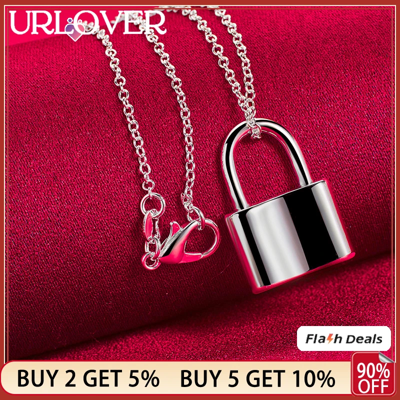 

URLOVER 925 Sterling Silver Lock Pendant Necklace For Women Engagement Wedding Birthday Fashion Charm Jewelry 40cm-75cm Chain