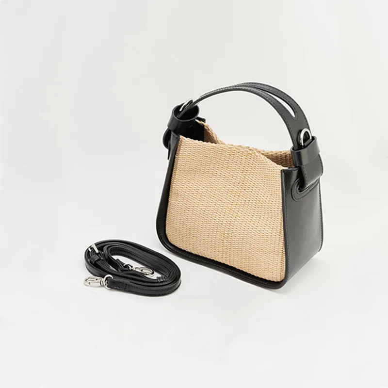 

2025 Luxury Designer Women Patchwork Genuine Leather Woven Straw Handbags New Tote Bag Lady Trendy Adjustable Strap Shoulder Bag