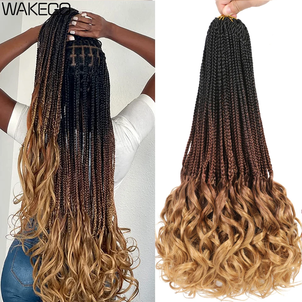 14 18 24 Inch French Curl Box Braids Crochet Hair Ombre Brown to Blonde Prelooped Synthetic French Curls Braiding Hair for Women