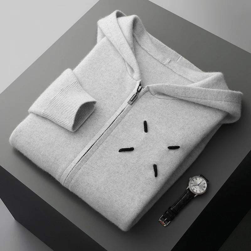 

Men's cardigan 100% cashmere sweater solid color knitted high-end business long sleeved men's hooded sweater 2024 new style