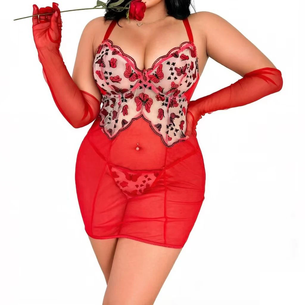 

Plus Size Women's Erotic Lingerie Set, Embroidery Splicing Sheer Mesh, Hot Sexy Exotic Apparel for Curvy Ladies